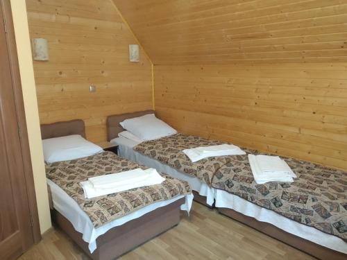 twee bedden in een kamer met houten wanden bij Camelot in Rakhiv