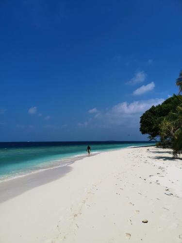 a person walking on a beach near the ocean at Faima Fishing Lodge at Daravandhoo in Baa Atoll