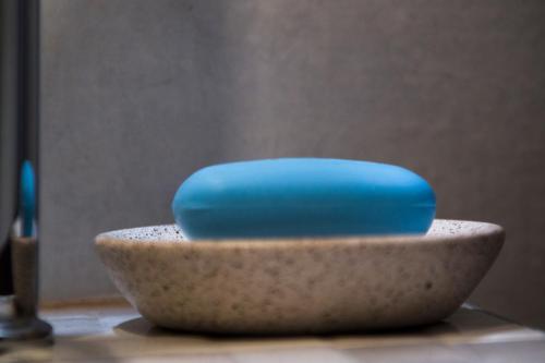 a blue object is sitting in a bowl on a sink at Red Rose Apartment in Portorož