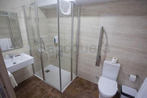a bathroom with a shower and a toilet and a sink at Pensión CHE in O Pedrouzo