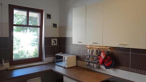 Kuchnia z oknem i blatem z kuchenką mikrofalową w obiekcie Maja Apartment w mieście Sopot