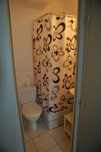 une salle de bain avec toilettes et rideau de douche dans l'établissement studio bord de mer, SAINT MALO, à Saint-Malo