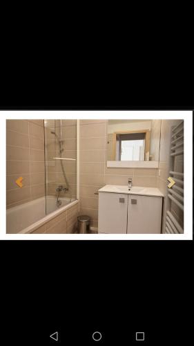 La salle de bains est pourvue d'une douche, d'un lavabo et d'une baignoire. dans l'établissement Les Mélèzes, à Saint-Étienne-en-Dévoluy