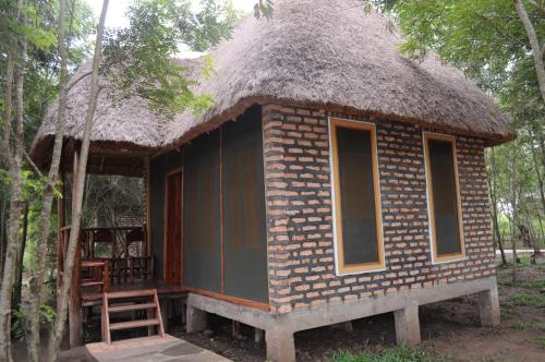 a small hut with a thatched roof and a ladder at Irungu Forest Safari Lodge in Katunguru