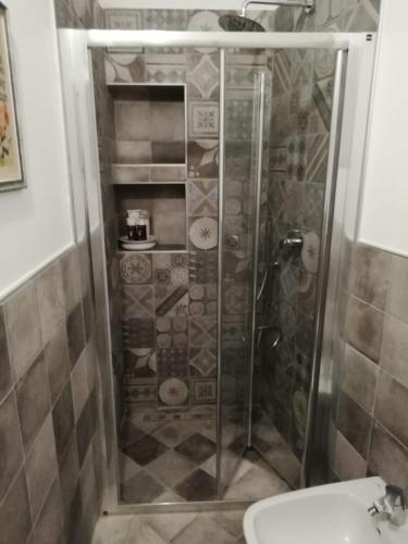 a shower with a glass door next to a toilet at Cadelcivich - Monforte d'Alba in Monforte dʼAlba
