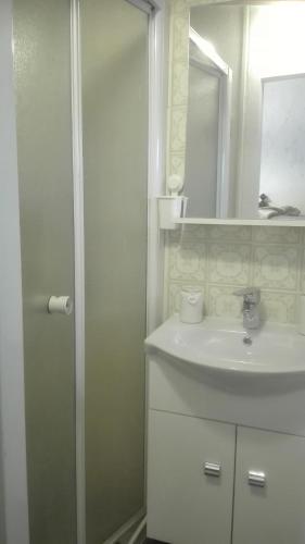 a white bathroom with a sink and a shower at Agriturismo Nonnamelia in Nasino