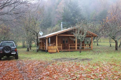 a log cabin with a car parked in front of it at Karkú Lodge in Pucón