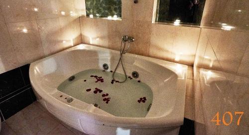 a bath tub in a bathroom with blood on it at Atlantic Hotel in Athens