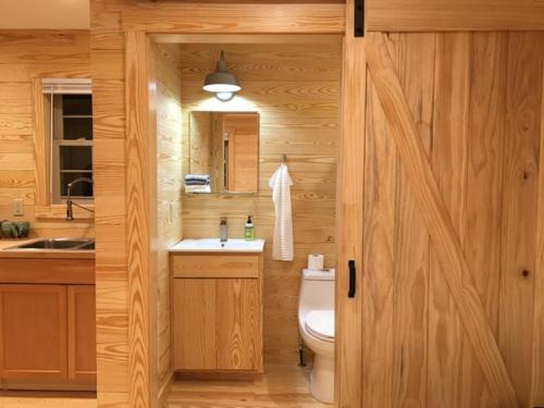 a bathroom with a toilet and a sink at Little River Cabin in Sparta