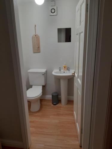 a bathroom with a toilet and a sink at Sunny Lynn in Oldham