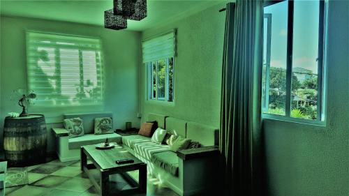 a living room with a couch and a table at Appartement Blue Coast in Mahébourg