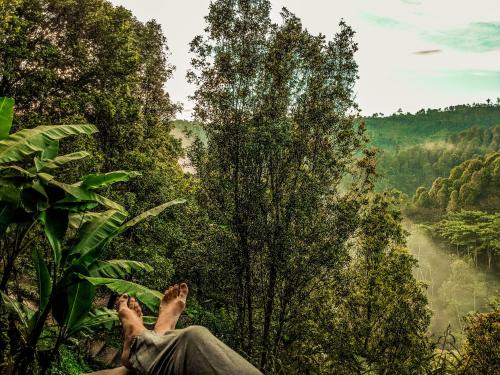 a person with their feet up in the forest at Desa Eko in Munduk