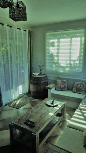 a living room with a couch and a coffee table at Appartement Blue Coast in Mahébourg