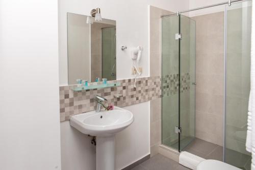 uma casa de banho com um lavatório e uma cabina de duche em vidro. em Vista Hotel em Tbilisi