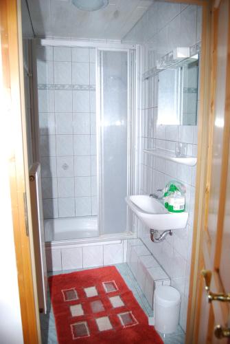 a white bathroom with a sink and a shower at Bauernhof Hatzlhof in Schöder