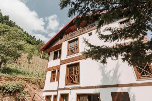 um edifício branco com janelas de madeira em İSKALİTA Otel em Altındere