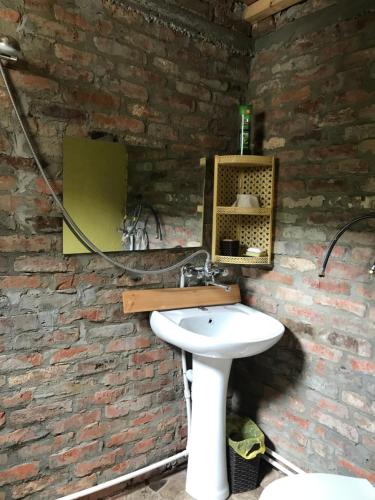 a bathroom with a sink and a brick wall at Marine's Guest House in Ananuri