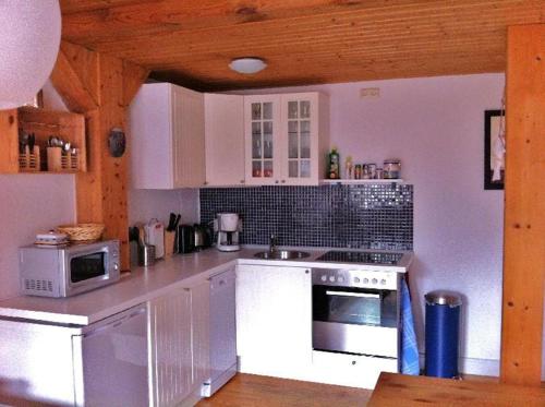 フェーマルンにあるMuschelの木製の天井、白い家電製品付きのキッチン