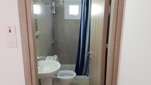 La salle de bains est pourvue d'un lavabo, de toilettes et d'une douche. dans l'établissement ZORBAS No 2, à Larnaka