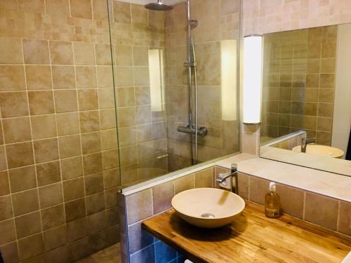 une salle de bain avec un lavabo et une douche dans l'établissement Le Calme de l’Opera., à Lyon