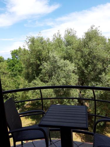 a table and chairs on a balcony with trees at Apartments Juretic in Drenje
