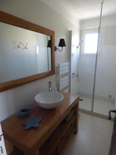 une salle de bain avec un lavabo et un miroir dans l'établissement Appartement T3, Front de Mer, 4 couchages, Narbonne Plage, à Narbonne-Plage