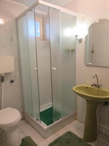 a bathroom with a shower and a toilet and a sink at 2+2 fős apartman Badacsonytomaj központjában in Badacsonytomaj