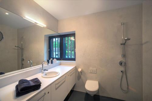 a bathroom with a sink and a shower and a toilet at Architektur Ferienhaus Eifel SUITE17 in Bad Münstereifel