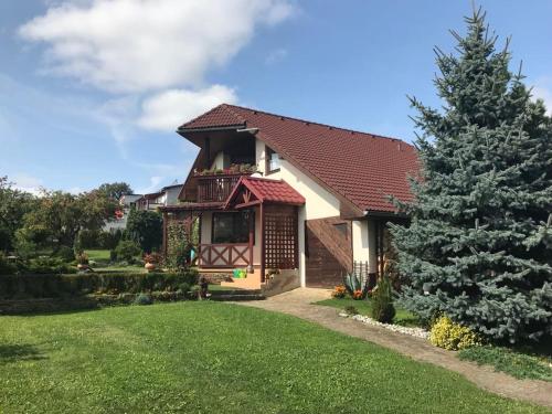 a house with a christmas tree in the yard at Clara Valis - Village House in Doľany