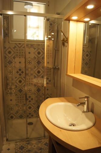 une salle de bain avec un lavabo et une douche dans l'établissement Au calme dans la campagne du Haut Anjou, à Pouancé
