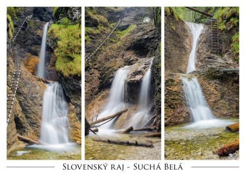 three pictures of a waterfall on a mountain at Clara Valis - Village House in Doľany