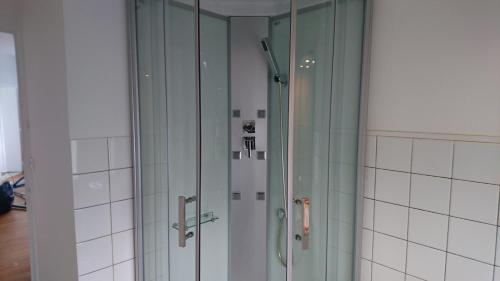 y baño con ducha y puerta de cristal. en appartement de 79 m² à 500 mètres de la cure, en Jonzac