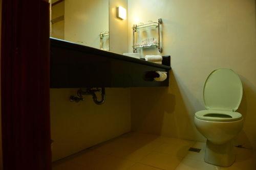 a bathroom with a toilet and a sink and a mirror at The Apo View Hotel in Davao City