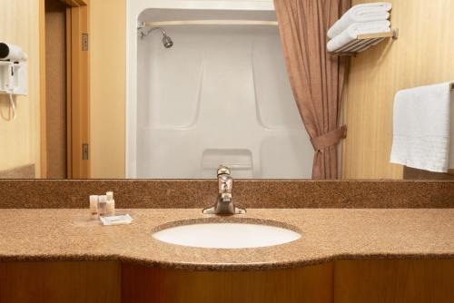 a bathroom counter with a sink and a mirror at Days Inn by Wyndham Swift Current in Swift Current