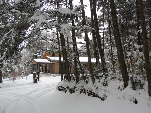 a cabin in the woods with snow on the trees at B&B Hotel Hyochoan in Karuizawa