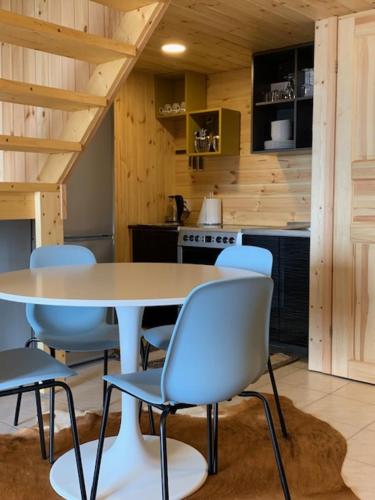 - une cuisine avec une table et des chaises dans la chambre dans l'établissement Small Vinter Summer House, à Käsmu