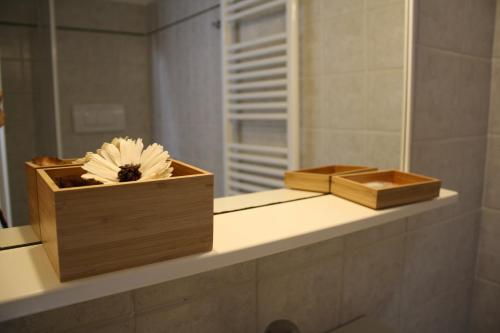a flower in a wooden box on a counter in a bathroom at Casa Mater Ecclesiae in Massa Marittima