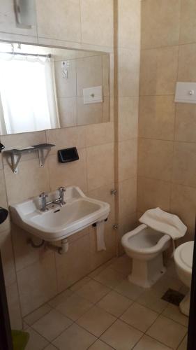 a white toilet sitting next to a sink in a bathroom at Hotel Regidor in San Luis