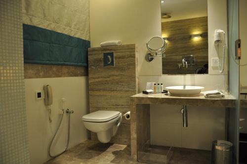 a bathroom with a toilet and a sink at Maya Hotel in Chandīgarh