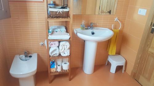a small bathroom with a sink and a toilet at LA TORRE DE CUBILLAS in Matienzo