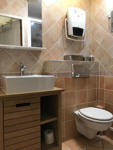 une salle de bain avec un lavabo blanc et des toilettes dans l'établissement Pilier de la Fontaine - avec parking, à Metz