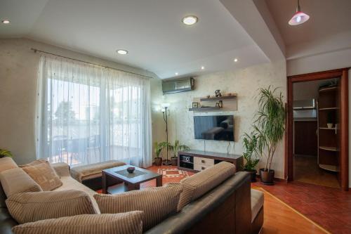 a living room with a couch and a table at Dobrljanin LUX apartment in Budva