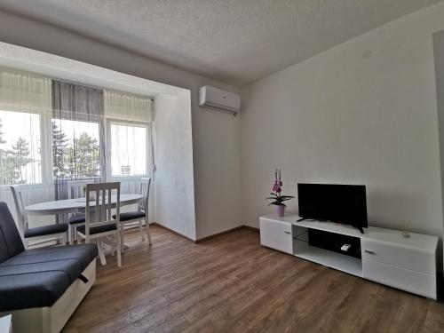a living room with a couch and a tv and a table at Apartman MMS in Teslić