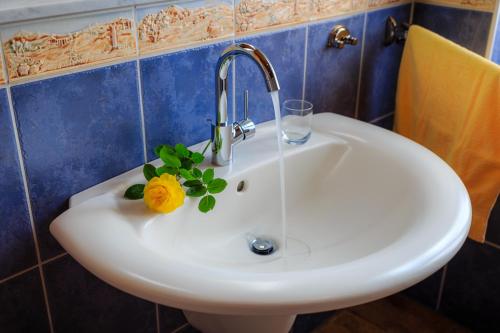 a white sink with a flower on top of it at Ferienwohnungen Ender in Sebnitz