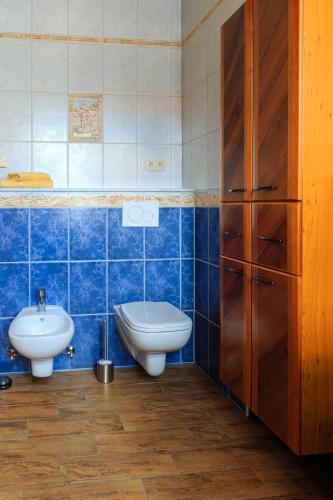 a blue tiled bathroom with a sink and a toilet at Ferienwohnungen Ender in Sebnitz