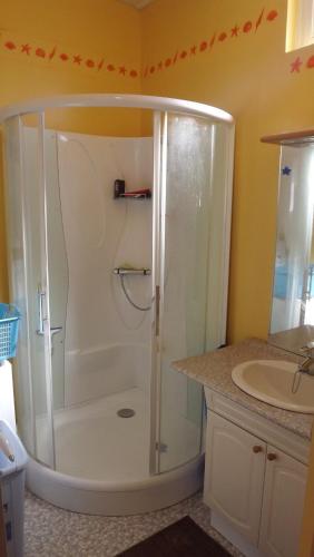 La salle de bains est pourvue d'une douche blanche et d'un lavabo. dans l'établissement Maison proche la tremblade et de ronce les bains, à Étaules