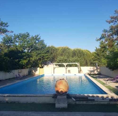 a swimming pool with a wooden object in the water at Hotel Carina in Apt
