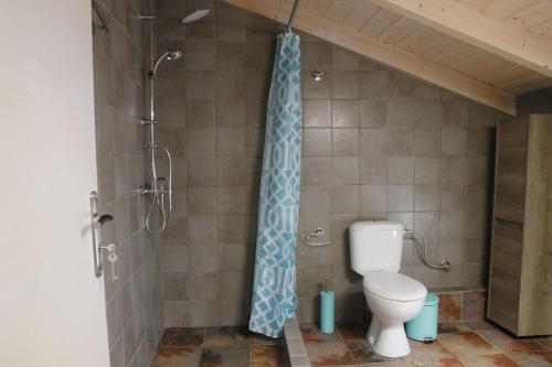 a bathroom with a shower with a toilet and a shower curtain at Xaradiotis House - A modern home away from home in Meganisi