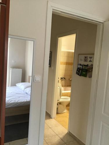 a bedroom with a bed and a bathroom with a toilet at Ourania's Apartments in Kamena Vourla