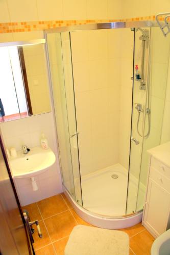 a bathroom with a shower and a sink at Apartmán v Háji - Jache dom in Turčianske Teplice